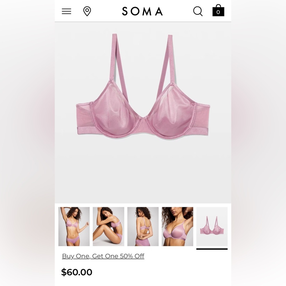 Soma 36DD Unbelievable Lift Lavender Convertible Underwire Bra